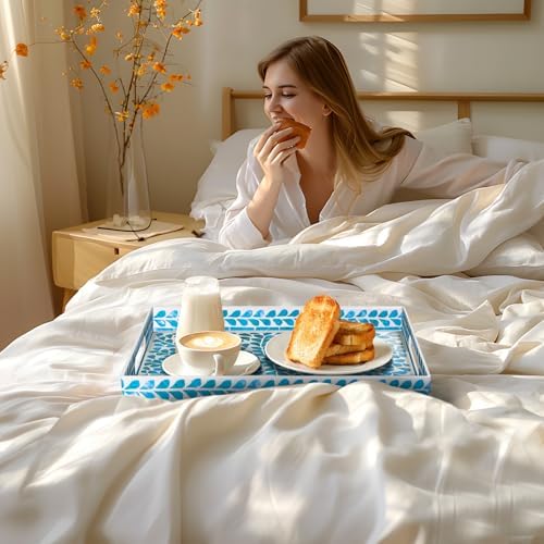 MAONAME Plastic Serving Tray with Handles, Rectangle Blue Decorative Tray - Image 6