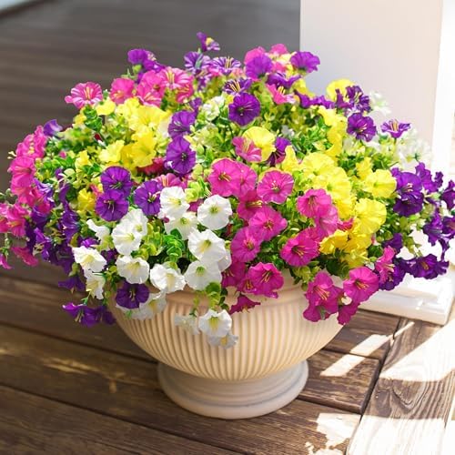 HyeFlora Artificial Flowers for Outdoors Fake Plants Outside Decoration, 12 Bundles Silk Colorful Morning Glory with Eucalyptus UV Resistant Realistic Faux Flowers for Planter Front Door Garden Yard by HyeFloraartificialflowers
