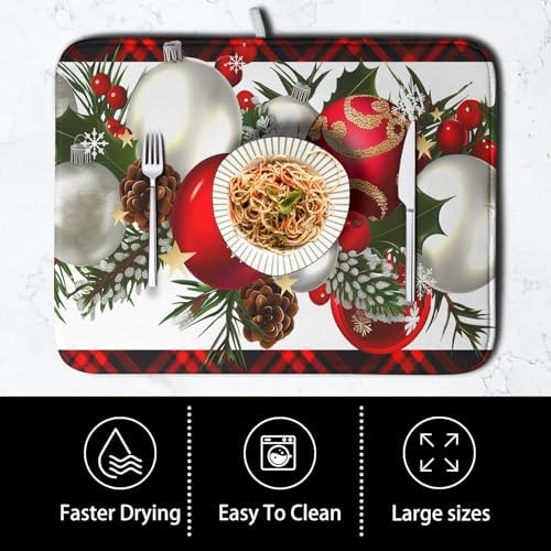 Christmas Red Buffalo Plaid Dish Drying Mat for Kitchen Counter 16x18 Inch Winter Xmas Ball Snowflake Pine Cones Dishes Drying Mat Microfibe Super Absorbent Dish Rack Pad for Coffee Bar Sinks - Image 4