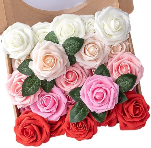 N&T NIETING Artificial Roses Flowers 25Pcs Real Touch Fake Foam Flowers with Stems for DIY Wedding Bridal Bouquet Party Baby Shower Cake Home Arrangement Decoration,Series Red by NTNIETING