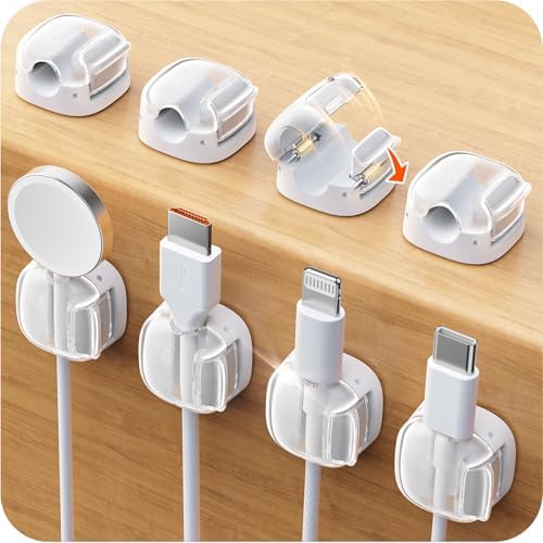 Cable Clips,8 Pack Cord Holder Cord Organizer [1s Lock & Strongest Adhesive] Spring Cord Clips Phone Charger Wire Desk Cable Management Nightstand Home Office School Decor Women Desk Accessories White by Chfeila