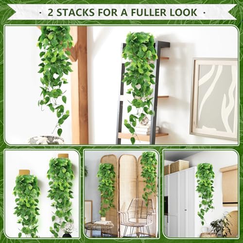 2-Pack Fake Hanging Plants, Faux Hanging Plant Artificial Greenery for Living Room Bedroom Boho Wall Shelf Indoor Outdoor Decor (Green Pothos Ivy Vines) - Image 4