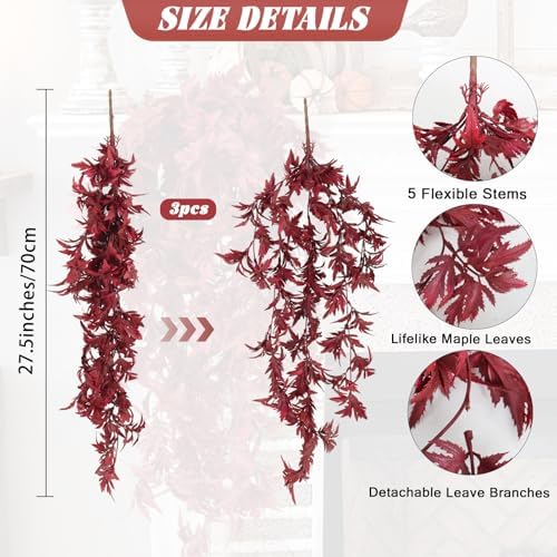 RECUTMS 3Pcs Artificial Hanging Fall Maple Leaves Plant 27.5In Wine Red - Image 3