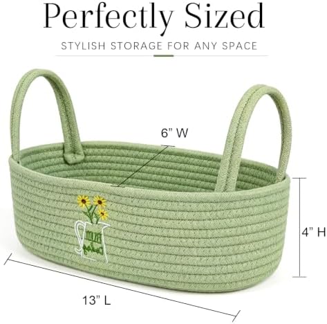 Sage Green Daisy Woven Storage Basket for Toilet Tank Top Boho Floral Cotton Rope Bathroom Countertop Organizer Basket with Handle Bathroom Decor - Image 3