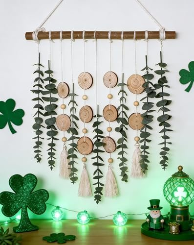 St. Patrick's Day Greenery Wall Hanging - Boho Artificial Eucalyptus & 16.5" Wooden Stick for Farmhouse Rustic Living Room Decor - Image 5