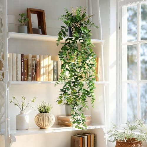 Artificial Hanging Plant 2 Pcs Faux Eucalyptus Vine Ivy Vine Faux Plant Fake Potted Greenery for Wall Living Room Home Shelf Office Bathroom Outdoor Indoor Decor (Type 2) - Image 6