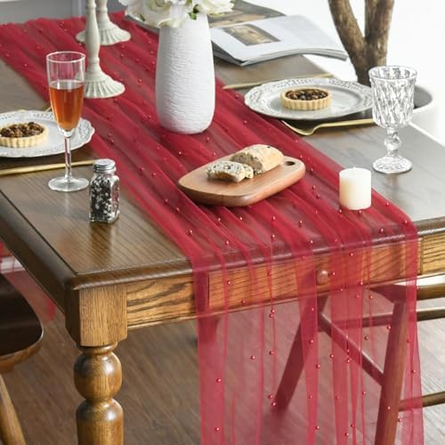 Artoid Mode 3-Pack Pearl Red Gauze Table Runner 10FT Home Decor - Image 2