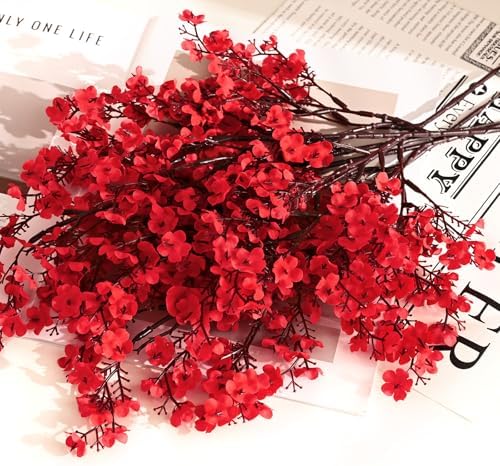 Waipfaru Red Fake Flowers, 6 Pcs Baby's Breath Artificial Flowers, Real Touch Silk Flowers Fall Stems for Spring Summer Fall Thanksgiving Christmas Decor Floral Arrangement, 19 Inches - Image 3