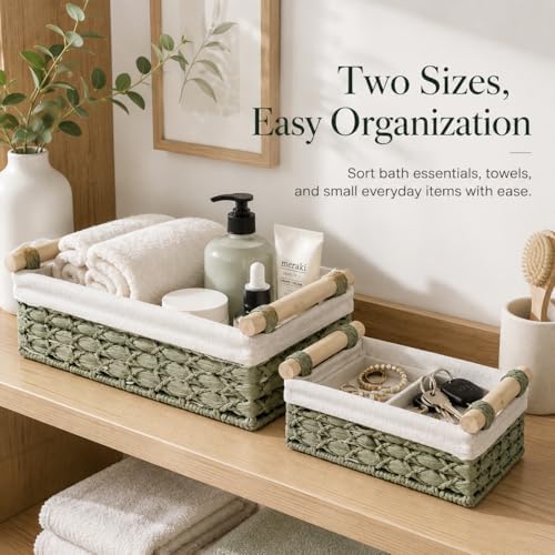 Sage Green Bathroom Baskets Set of 2, Paper Rope, Wood Handles - Image 4