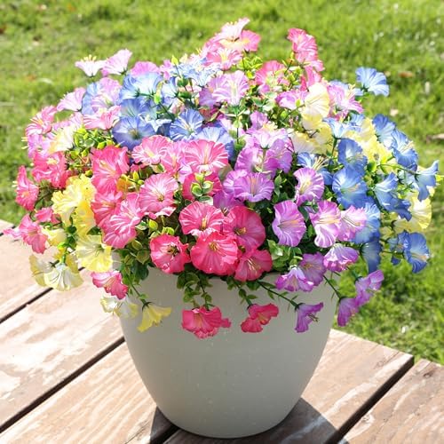 HyeFlora Artificial Flowers for Outdoors Fake Plants Outside Decoration, 12 Bundles Silk Colorful Morning Glory with Eucalyptus UV Resistant Realistic Faux Flowers for Planter Porch Patio Yard Indoor - Image 3