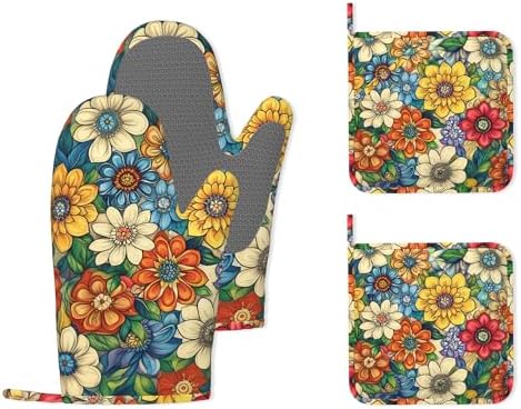 Flower Heat-Resistant Silicone Oven Mitts and Pot Holders,Cute Mandala Floral Long Oven Gloves with Non-Slip Grip for Cooking, Baking, Grilling,BBQ by Unknown
