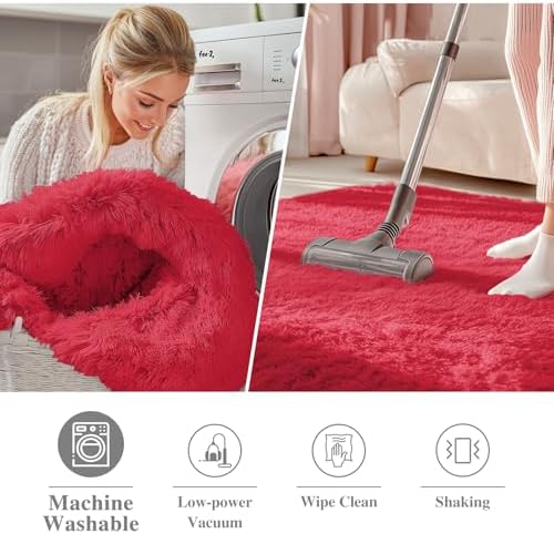 OLANLY Red Round Rugs for Bedroom - Machine Washable, 4 ft Circle Area Rugs for Living Room, Soft and Fluffy Shaggy Carpet for Teen Girls and Boys, Nursery Rooms, Dorms, Home Decor Aesthetic - Image 2
