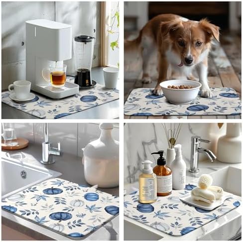 Fall Dish Drying Mat Blue Pumpkin Maple Leaves Drying Mats for Kitchen Counter 16x18 Inch Autumn Thanksgiving Absorbent Microfiber Dish Draining Mat Dishes Pad with Hanging Loop - Image 7