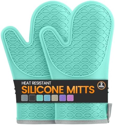Silicone Oven Mitts, Heat Resistant 2PCS Oven Mitts with Soft Cotton Lining, Waterproof Non-Slip Grip Oven Glove, Kitchen Potholder Mits for BBQ, Baking, Cooking, 12.5 Inch - Green by Unknown