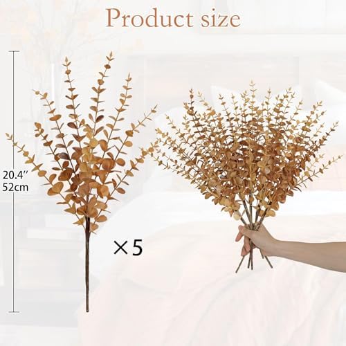 GnFlus 5 Pcs Artificial Eucalyptus Stems Fall Eucalyptus Leaves Autumn Leaf Branches Fall Decorations with Foam Fall Leaves for Home Floral Arrangement Autumn Festival Thanksgiving Decor Brown - Image 4