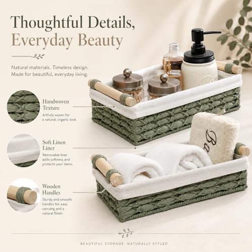 Sage Green Bathroom Baskets Set of 2, Paper Rope, Wood Handles - Image 3