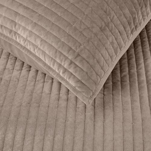 Wonderful - Velvet Quilt Set King Size Light Brown, Soft Cotton-Feel Plush Coverlet with Shams, Premium Vertical Channel Stitched, Lightweight All-Season Bedspread - Image 6