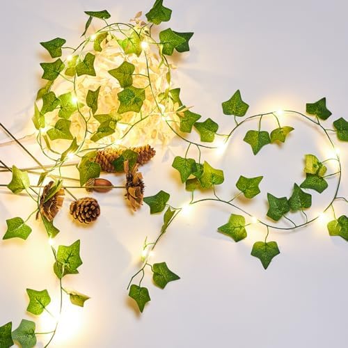 KASZOO 2 Pack 6.56 Ft Vines with Fairy Lights Battery Operated, 40 LEDs Artificial Garland Plant Vine Fairy Light, Hanging Ivy Lights for Bedroom Garden Party Wall Room Decor - Image 2