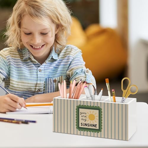 Boho Classroom Pen Holder, You Are My Sunshine Office Pen Pencil Holder Organizer for Desk Accessories, Retro Striped Wooden Box Desk Decor for Kids Nursery Room Office Desk Decorations - Image 5