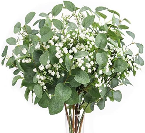 Beferr 5pcs Eucalyptus Stems & 6pcs Babys Breath Artificial Flowers Faux Greenery Bouquets for Wedding Table Centerpiece Home Decor by Beferr
