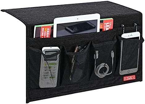 Zafit Linen 6 Pockets Bedside Caddy, Bedside Storage Organizer for Magazine, Remotes, Phone (Black) by ZAFIT