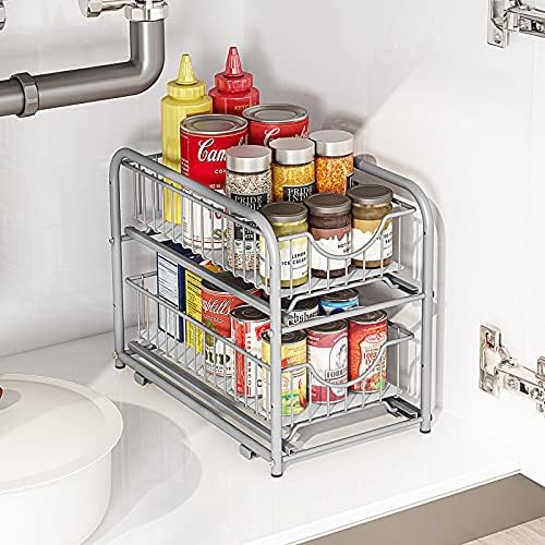 2-Tier Pull Out Organizer Under Sink Sliding Cabinet Rack,Sliver - Image 2