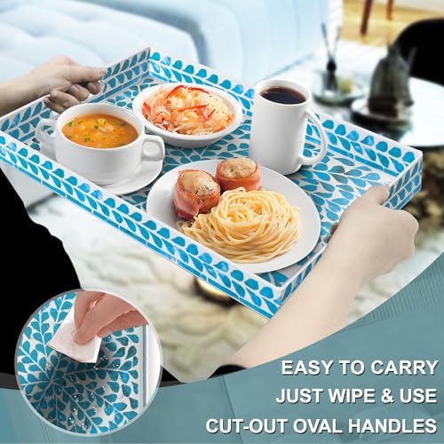MAONAME Plastic Serving Tray with Handles, Rectangle Blue Decorative Tray - Image 3