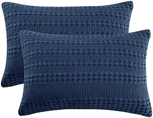 PHF Cotton Waffle Pillow Shams King Size 20"x36", Blue Sapphire, No Insert by PHF
