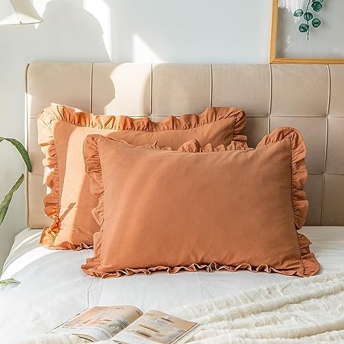 GLORY SEASON Pillow Shams Set of 2 Washed 100% Cotton Retro Ruffle Flounces Trim Solid Beige Decorative Pillow Cases for Home Bedroom Decor 20x26 Inch by GLORYSEASON