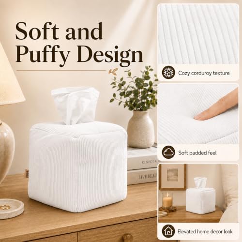 TOGI® Corduroy Square Tissue Box Cover - Fits Standard Cube Boxes - White - Image 2