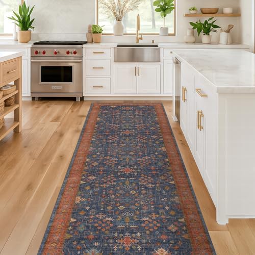 Washable 8 ft Long Runner for Kitchen Floor - Navy Blue Hallway Runner Rug, Pet Friendly Waterproof Non Slip with Rubber Backing, Stain Resistant Laundry Room Rug (2'6"x8' Navy Blue & Terracotta) by HazoHaus