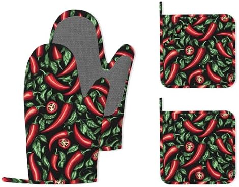 Red Chili Peppers Silicone Oven Mitts and Pot Holders,Heat-Resistant 4 Piece Kitchen Set Non-Slip Oven Gloves and Hot Pads for Cooking, Baking, Grilling,BBQ by Unknown