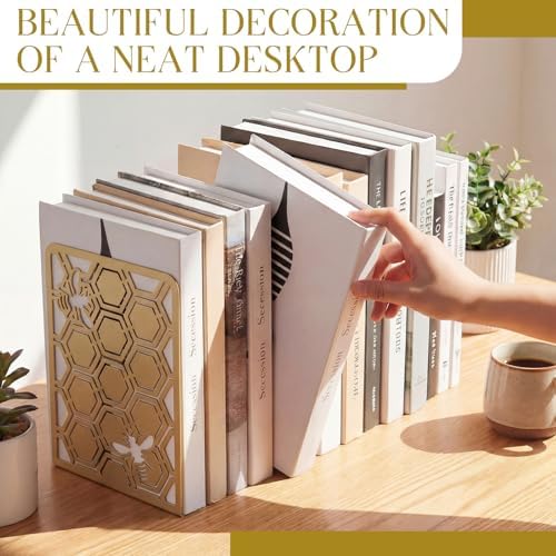 Chunful 6 Pack Gold Metal Honeycomb Bee Bookends Book Stoppers for Shelves - Image 2