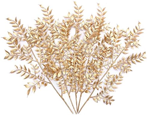 PASYOU Fake Leaves Plants for Christmas Decor, Gold Artificial Shrubs Grass Foliage Plastic Bulk Leaf Indoor Outdoor Home Garden Party Hotel Verandah Wedding Event Faux DIY Decoration - Golden 5 Pack - Image 5