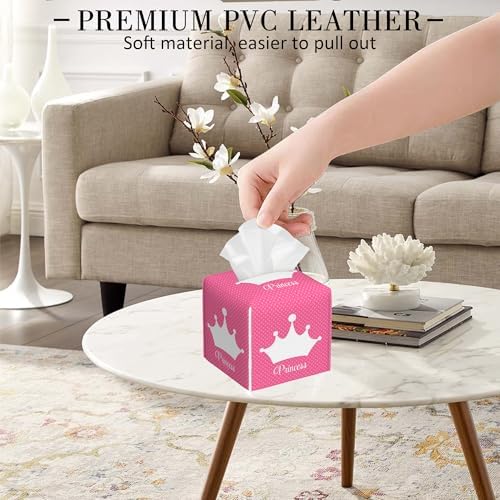 Leather Tissue Box Holder Pink Princess Crown Tissue Box Cover Square Waterproof Tissue Holder Organizer Modern Napkin Holder for Bedroom Dresser Night Stand Office Desk - Image 5