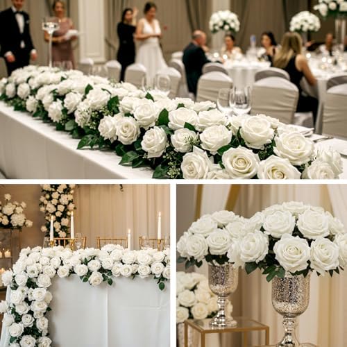 Auihiay 60PCS White Roses Artificial Flowers, Fake Roses, Velvet Silk - Image 5