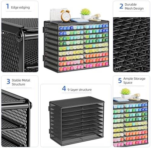 Marbrasse Mesh Marker Organizer, Metal Desktop Storage Rack for 126 Markers, Pens, Pencils, 9 Tier Marker Holder for Office Classroom & Home Art Supplies(Black) - Image 4