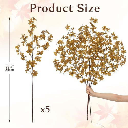 33.5" Long Artificial Fall Leaves Stems for Table Centerpieces, 5 Pcs Faux Fall Stems and Branches for Vase Filler, Falls Greenery Stems for Farmhouse Autumn Harvest Thanksgiving Decor, Deep Yellow - Image 4