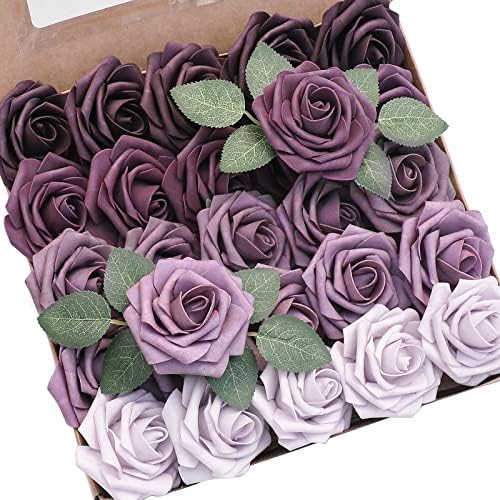 Floroom Artificial Flowers 25pcs Real Looking Plum Ombre Colors Foam Fake Roses with Stems for DIY Wedding Bouquets Bridal Shower Floral Centerpieces Party Tables Home Decorations by Floroom