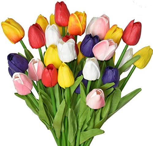 24pcs Multicolor Artificial Tulips Flowers Fake Faux PU Tulip Bouquet Real Touch Flower Arrangement for Home Room Office Party Wedding Decoration Excellent Gift Idea for Mothers Day by WISTARTArtificialflowers