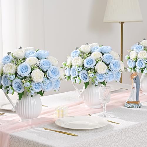 8 Packs Peonies Artificial Flowers Mixed White Blue Silk Artificial Peonies - Image 6