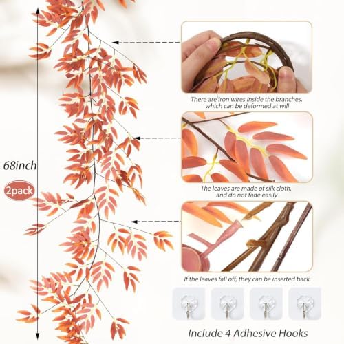 RECUTMS Artificial Silk Willow Leaves Vine Twig 2Pc 5.7Ft Fall Ivy Garland - Image 5