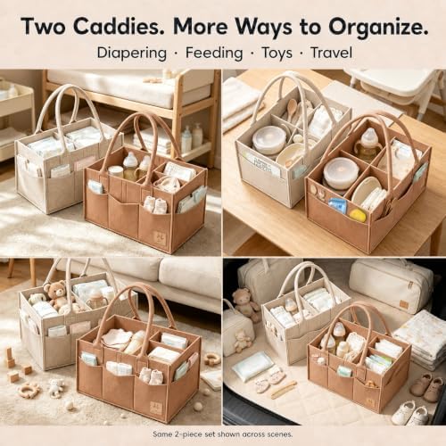 HIPHOP PANDA 2-Pack Diaper Caddy Organizer - Nursery Storage Bin & Car Organizer for Diapers, Wipes, and Baby Essentials - Dual-Color Solid Set (Caramel/Oatmeal), Regular Size - Image 7