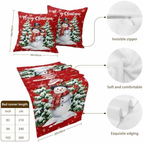 Merry Christmas Bed Runners for Queen Size Beds Winter Snowman Red Bed Scarf Matching Decorative Throw Pillow Covers Xmas Trees Snowflakes Hotel Beds End Blanket Towel Bedspread Protection for Home - Image 3