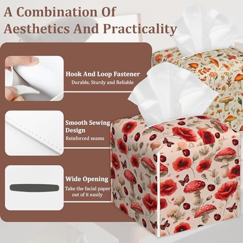 Cute Mushrooms Tissue Box Cover, 2Pcs Square PU Leather Tissue Box Holder for Bathroom Vanity Countertop, Bedroom Dresser, Office Desk or Night Stand Table - Image 3