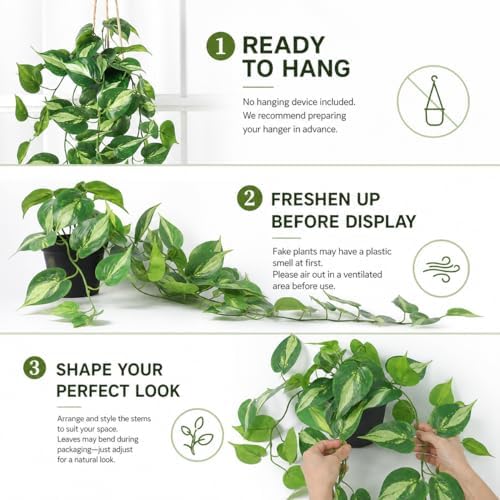 Fake Pothos Hanging Plants Artificial Ivy Vines with Pots - Realistic Indoor Greenery Decor, Low Maintenance Faux Home Decoration (1 PCS) - Image 3