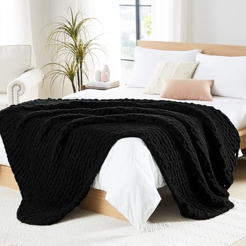 L'AGRATY Chunky Knit Throw Blanket for Couch, 50'' x 60'' Knit Throw, Black by LAGRATY