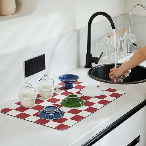 Ohocut Checkered Dish Drying Mat for Kitchen Counter, Coffee Bar Station Accessories, Retro Cute Aesthetic Modern Absorbent Drainer Mat Kitchen Drying Mat Easy Clean (Red, 24" x 16") - Image 2