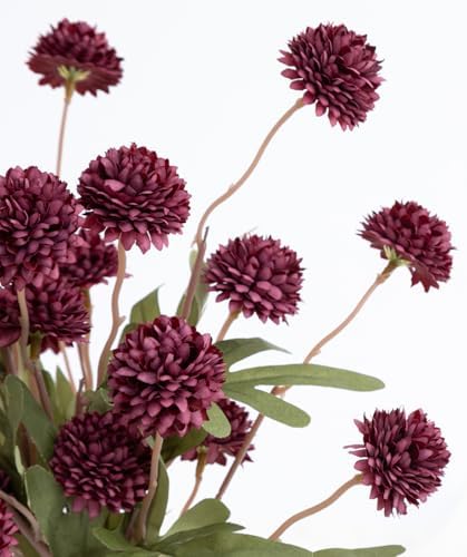 Laelfe 5Pcs Burgundy Flowers Artificial Pompon Mum, Fake Kiku Flowers Silk Small Mini Chrysanthemum Ball Faux Mum Decor for Autumn Filler DIY Bouquet Centerpieces Arrangements Shower(Burgundy) - Image 3