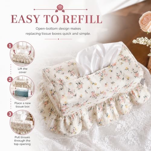 Cotton Tissue Box Cover, Thick Padded Rectangle with Lace, Rose Floral - Image 4